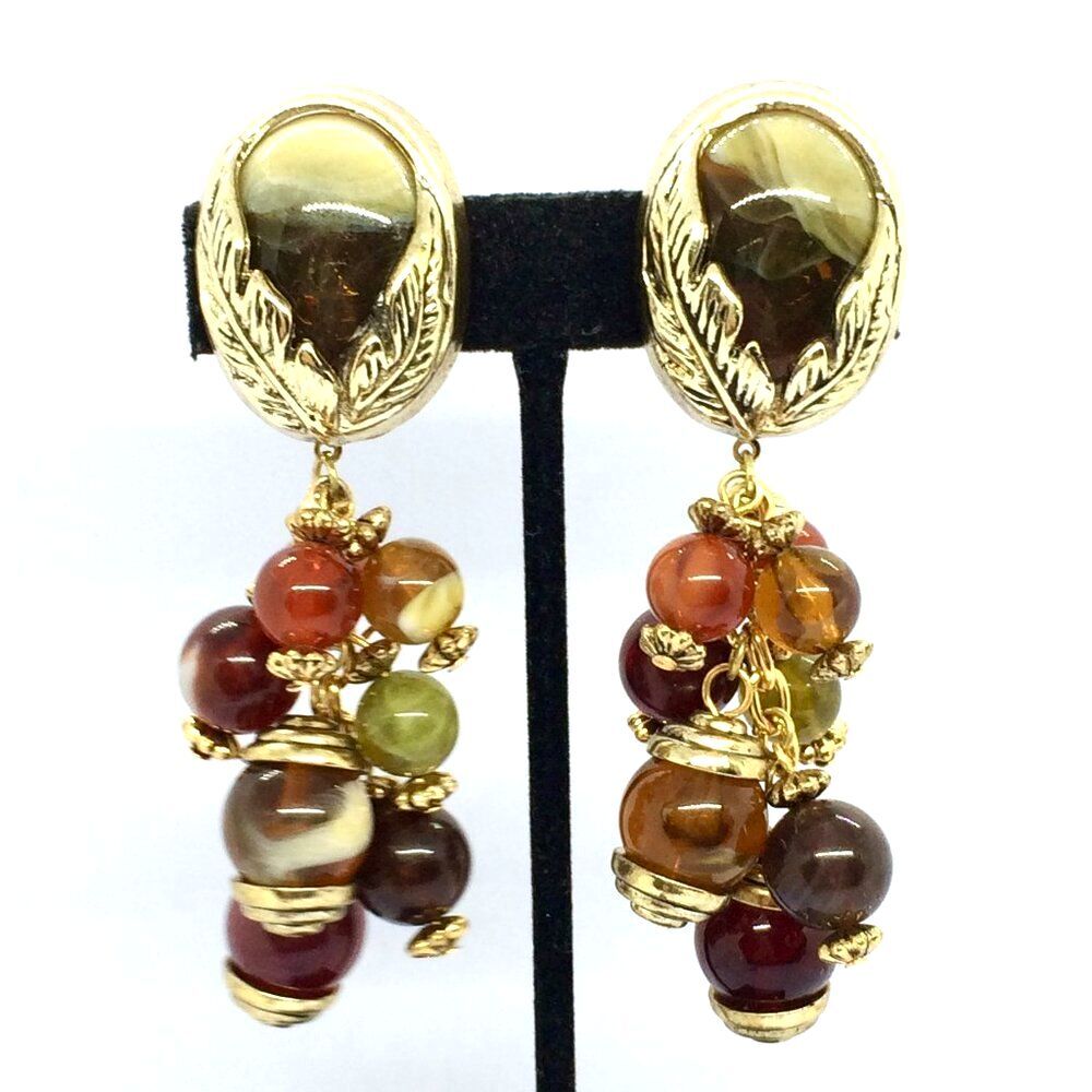 Vintage Gold Tone Earrings Beaded Leaf Dangle Cabochon Autumn Boho Chacha Clip O
